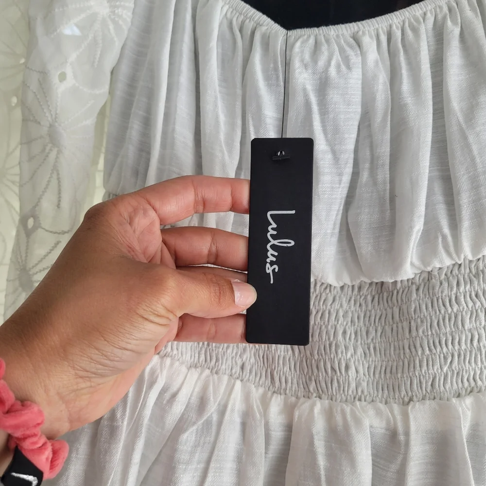 LULUS size S Elegant White Dress with Floral Sleeves. New with tag. - Picture 8 of 14